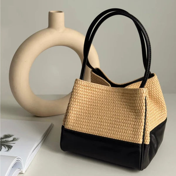 Two Tone Straw Leather Spliced Bucket Tote Double Top Handles
