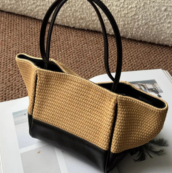 Two Tone Straw Leather Spliced Bucket Tote Double Top Handles