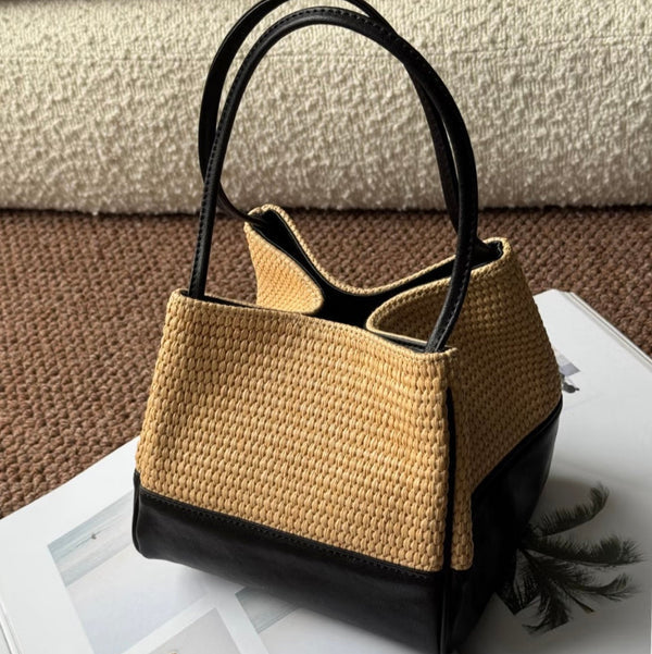 Two Tone Straw Leather Spliced Bucket Tote Double Top Handles