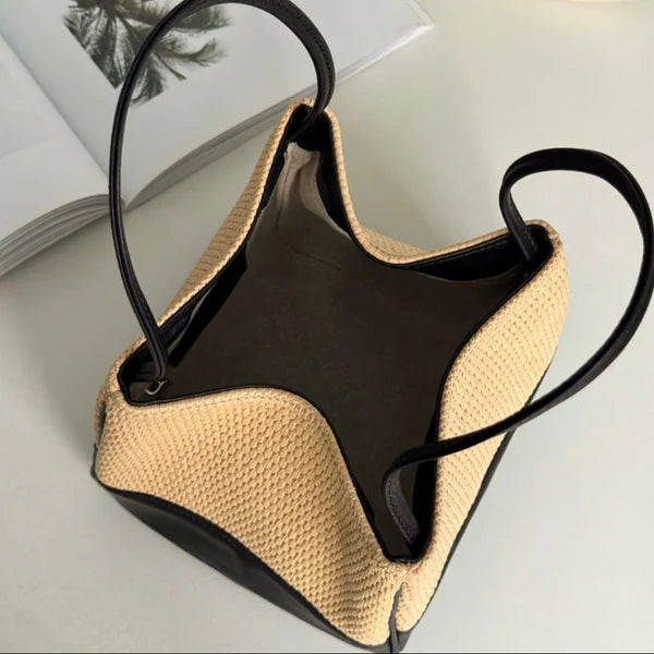 Two Tone Straw Leather Spliced Bucket Tote Double Top Handles