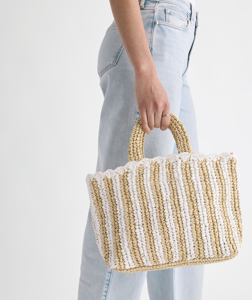 Striped Paper Straw Tote Bag Scalloped Edge Cotton Lining