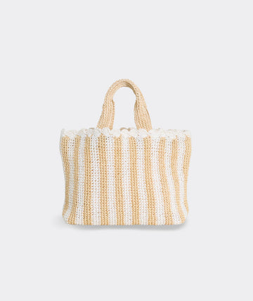 Striped Paper Straw Tote Bag Scalloped Edge Cotton Lining