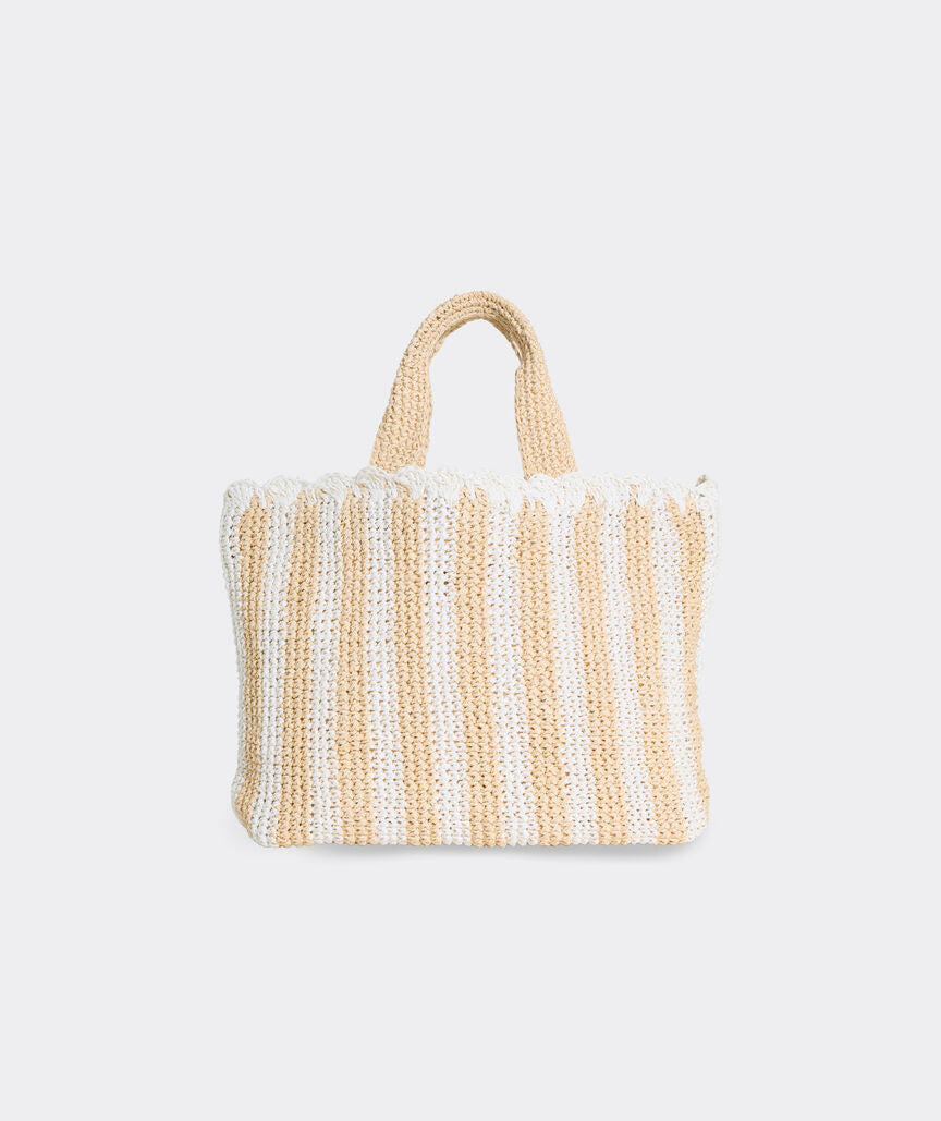Striped Paper Straw Tote Bag Scalloped Edge Cotton Lining
