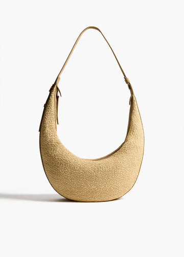 Textured Straw Spliced Leather Crescent Shoulder Bag