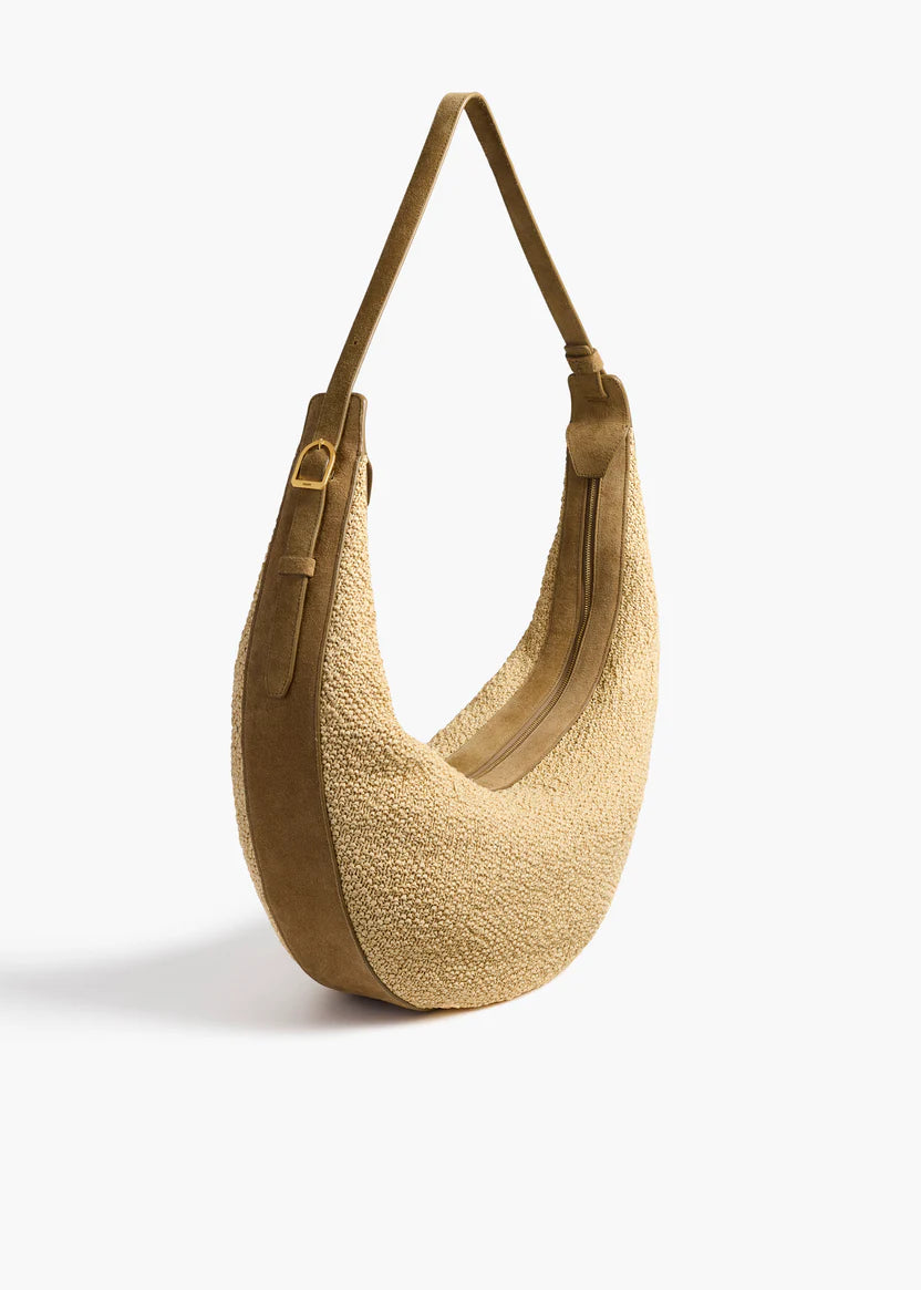 Textured Straw Spliced Leather Crescent Shoulder Bag