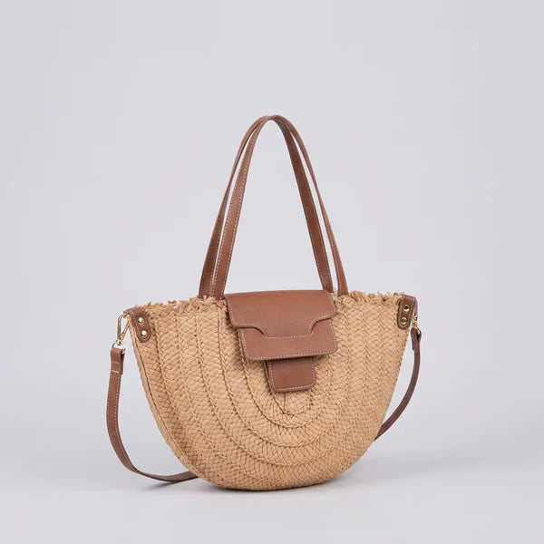 Fringed Natural Straw Half Moon Tote Bag Detachable Leather Strap