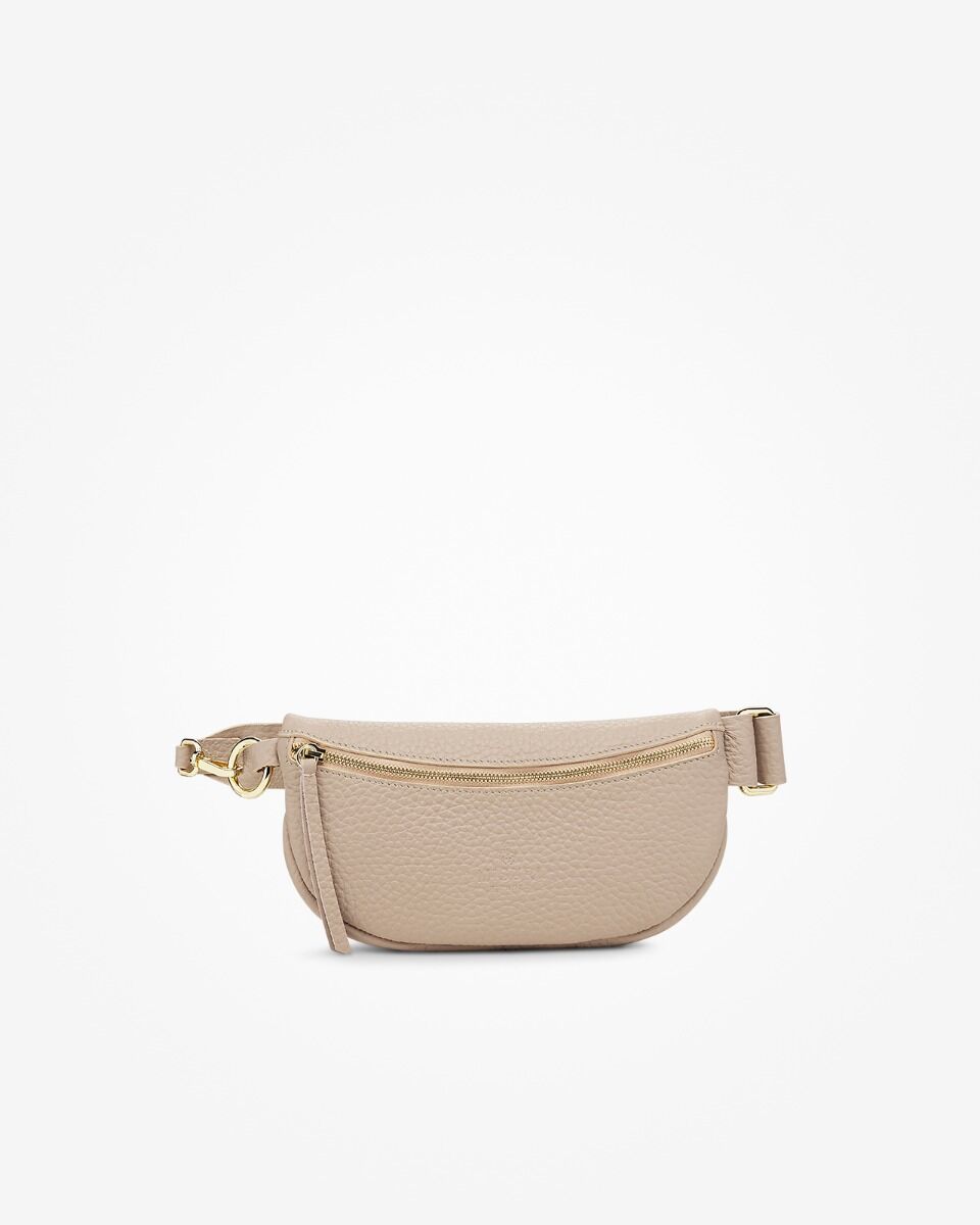 Pebble Grain Leather Curved Fanny Pack Adjustable Crossbody Strap Gold Hardware