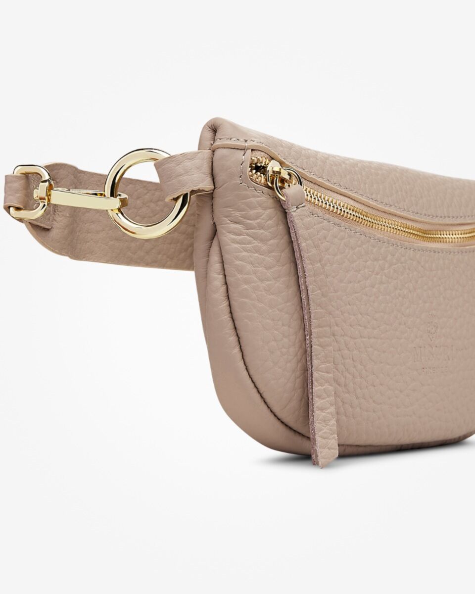 Pebble Grain Leather Curved Fanny Pack Adjustable Crossbody Strap Gold Hardware