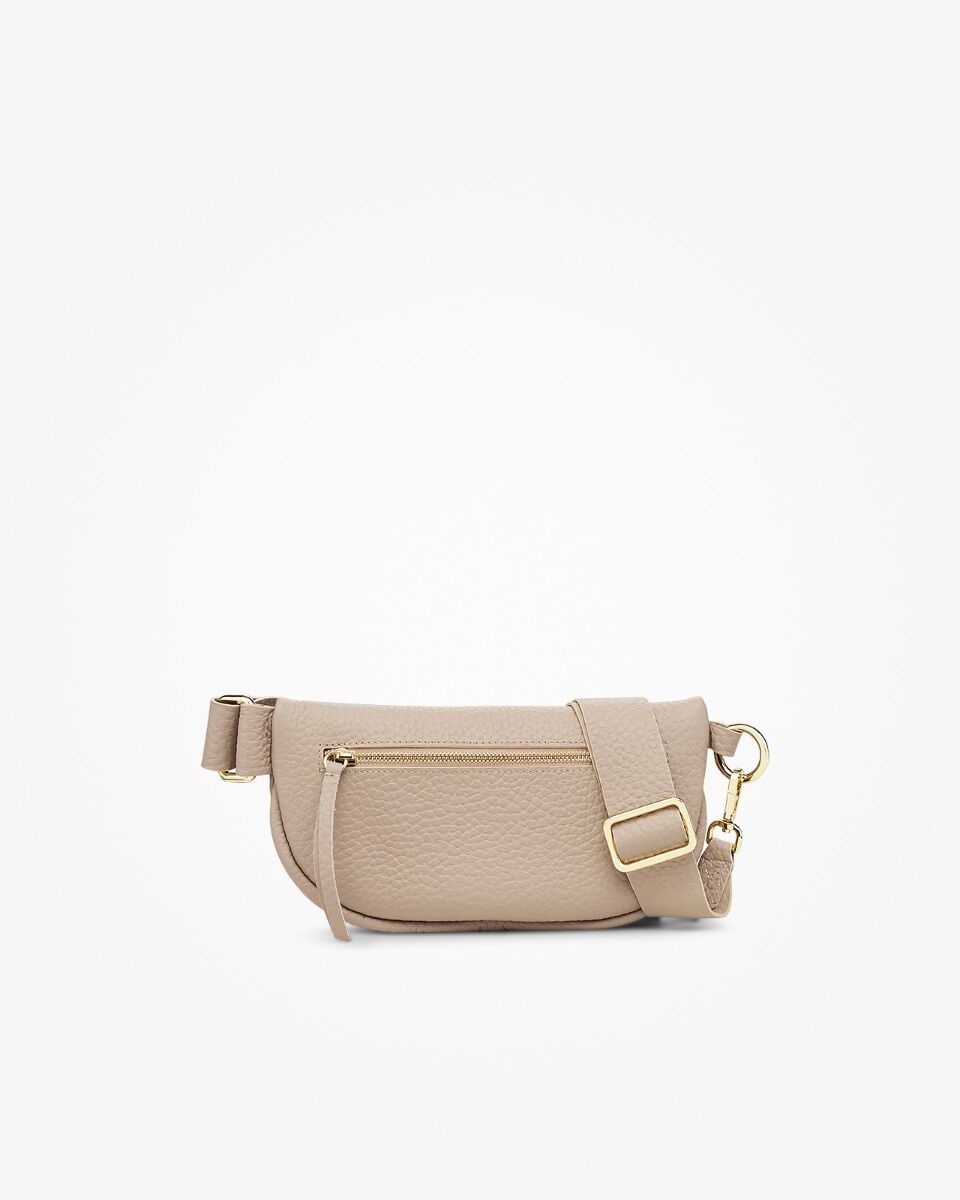 Pebble Grain Leather Curved Fanny Pack Adjustable Crossbody Strap Gold Hardware