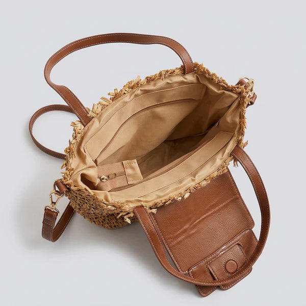 Fringed Natural Straw Half Moon Tote Bag Detachable Leather Strap