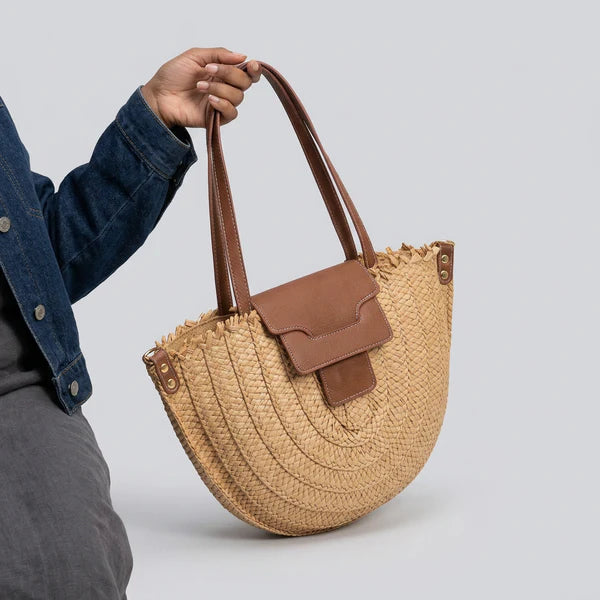 Fringed Natural Straw Half Moon Tote Bag Detachable Leather Strap