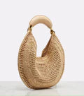 Open Weave Raffia Curved Shoulder Bag Leather Ring Handle Magnetic Closure