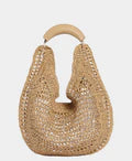 Open Weave Raffia Curved Shoulder Bag Leather Ring Handle Magnetic Closure