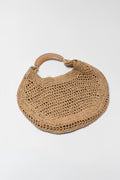 Open Weave Raffia Curved Shoulder Bag Leather Ring Handle Magnetic Closure